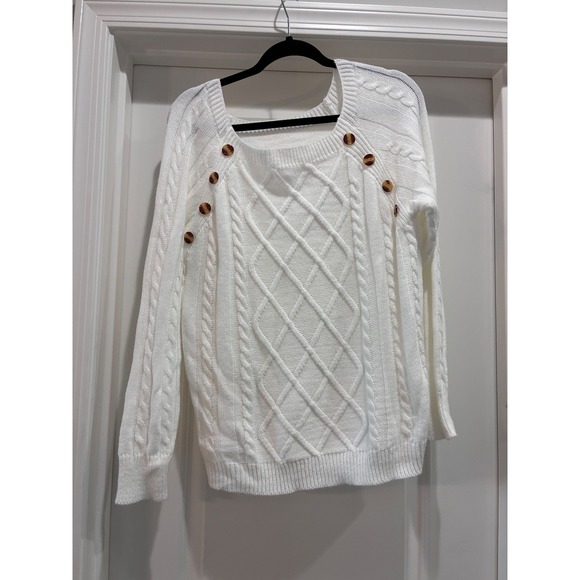 Unbranded Sweaters - White Cable Knit Button Shoulder Sweater Scoop Neck Diamond Lattice 100% acrylic
